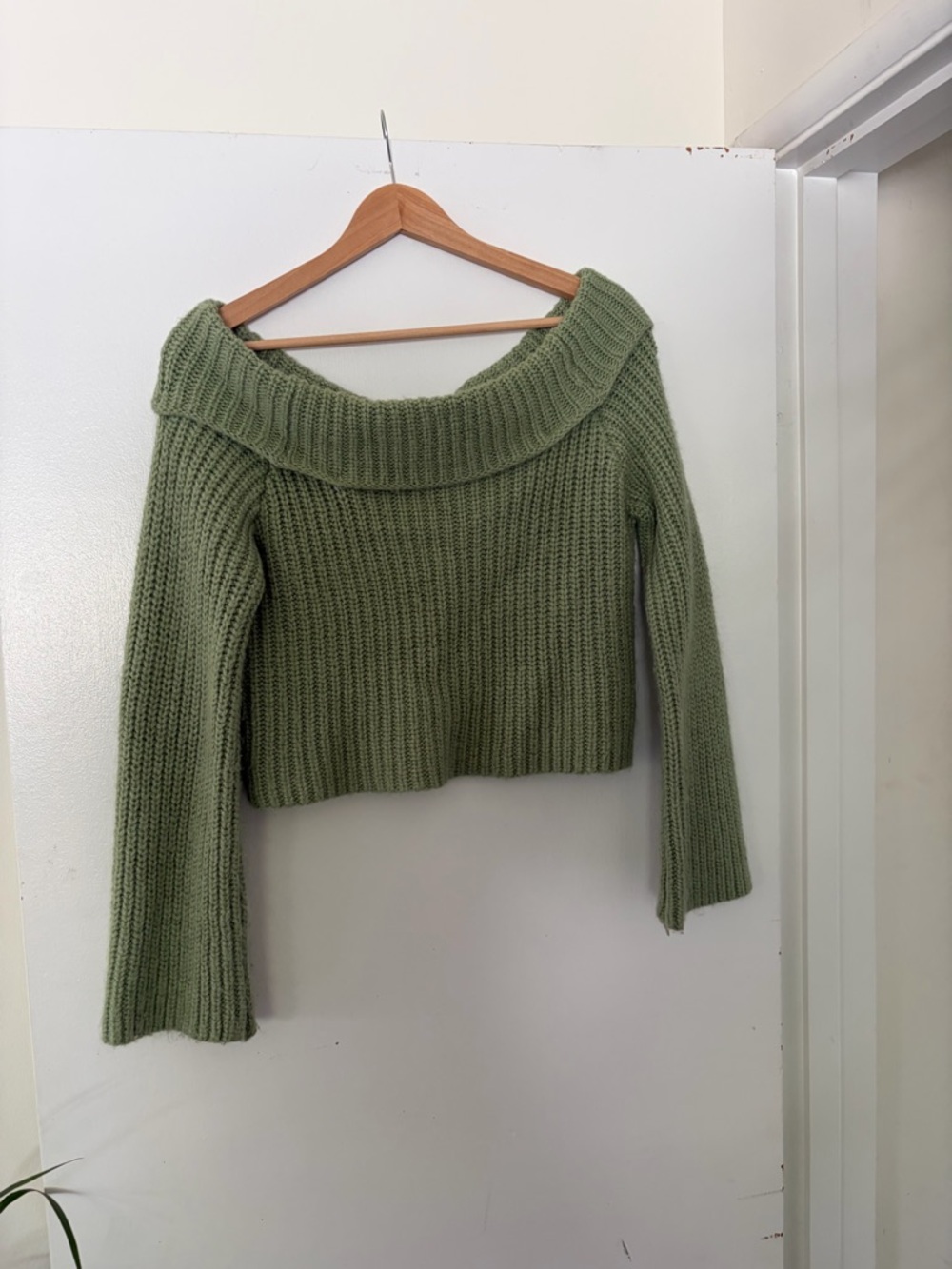 Tiger Mist Sage Green Off-Shoulder Rib Knit Sweater